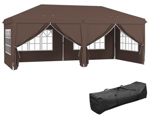 Outsunny 3 x 6 m Garden Pop Up Gazebo, Wedding Party Tent Marquee, Water Resistant Awning Canopy with Sidewalls, Windows, Carry Bag, Brown