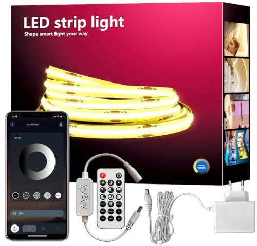 POIUYTO COB LED Streifen 5M, LED Strip Warmweiß (2700K), 24V Lichtband Dimmbar, CRI92, 8mm Breite, mit Fernbedienung und Netzteil, DIY LED Band, für Home Dekoration, Küche, Spiegel