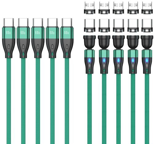 Junichi Cable de carga magnético USB C a USB C/Micro USB (5 unidades, 0,5 m + 1 m + 1 m + 2 m + 2 m) PD 60 W carga rápida 540 ° rotación 2 en 1 magnético USB cable USB para Android Micro USB tipo C