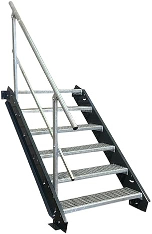 SRM Design 6 Stufen Stahltreppe Stufenbreite 80 cm Anthrazit 1x Geländer | Geschosshöhe 90 - 120 cm feuerverzinkt Wangentreppe Geschosstreppe stabile Industrietreppe für Innen- und Außenbereich