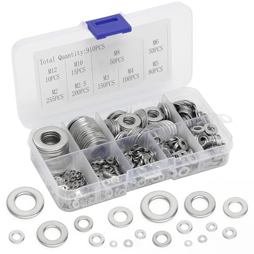 910 Pièces Rondelles Plates Metal, Rondelles en Acier Inoxydable Large, Assortiment Rondelle Inox pour Vis et Boulons (M2, M2.5, M3, M4, M5, M6, M8, M10, M12)