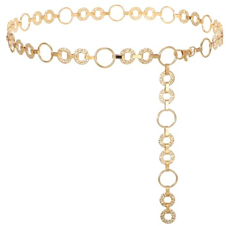 JASGOOD Ceinture Femme Dorée Chaine de Taille en Métal Ceinture Chaine Réglable Tendance pour Jeans Robe Jupe,Dorée,Taille jusqu'à 137cm(Longueur 150cm)