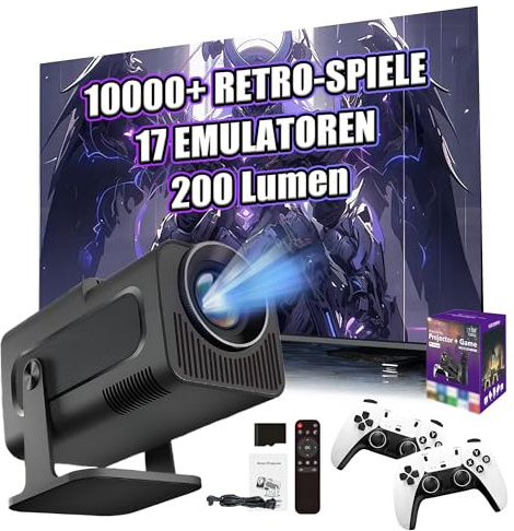 HCS350 Mini Tragbarer Intelligenter Projektor mit WLAN & Bluetooth, Konsole mit 10000+ Spiel 17 Emulator, 200 Lumen, 1280 * 720P, Android 11 Filmprojektor für den Außenbereich, Heimkino (Lila Kasten)