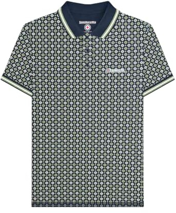 Lambretta Mens Geometric Print Short Sleeve Polo Shirt (UK, Alpha, XL, Regular, Regular, Navy/Basil)