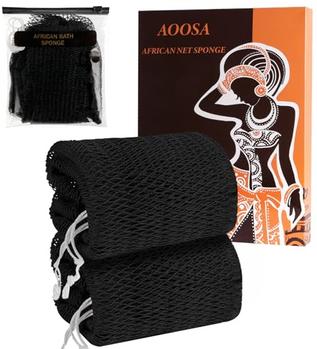 AOOSA 2 Pièces Filet de Douche Africain, Éponge Filet Africain-Noir | Séchage Rapide, Net Sponge with Knots pour Hommes Femmes, Exfoliating Eponge de Bain, Réseau D’éponge à la Maison Voyage
