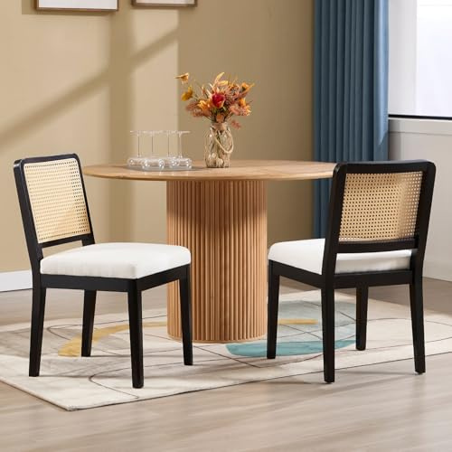 Ya-Home Esszimmerstühle 2er Set Vintage Leinen Küchenstuhl mit Rückenlehne aus Rattan Polsterstuhl Essstühle für Esszimmer Wohnzimmer Balkon Küche, schwarz