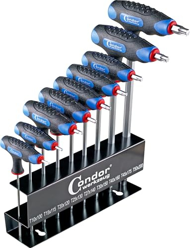 Condor Werkzeug 1119-3 | T-Griff-Schraubendreher-Satz | T-Griff-Schlüssel-Satz | 9-tlg. | T-Profil T10-50 (für Torx)