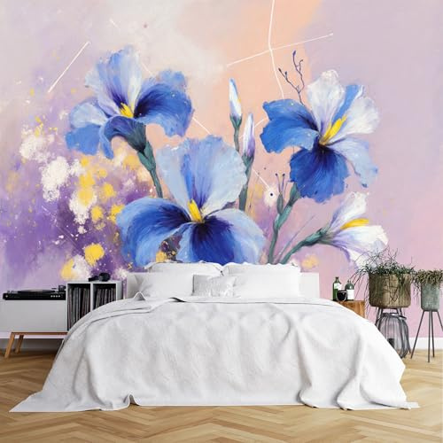 Papier peint mural de taille personnalisée, iris bleus impressionnistes avec centres jaunes, fond rose pastel doux, tissu de revêtement mural autocollant (sans PVC), papier peint amovible pour salon