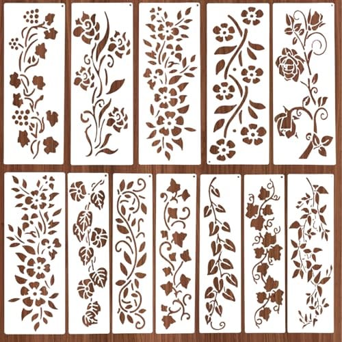 12 Stück Blatt Ranken Mal Schablone Für Wand Schablonen Zum Bemalen Blumen Dekorative Wände Schablone Malschablonen für DIY Wiederverwendbare für-Möbel Wände Leinwand