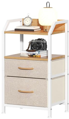 Noblik Nachttisch, Beistelltisch mit 2 Stoffschubladen und offenem Regal, Nachtschrank mit Holzplatte und Metallgestell, Sofatisch für Schmale Räume, Schlafzimmer, Wohnzimmer, Khaki