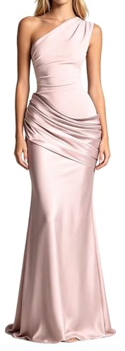 Generisch Robe de Soirée Femme Midi en Satin Plissé Asymétrique avec Épaules Asymétriques, Ajustée, Élégante, pour Soirées et Fêtes, Rose, S