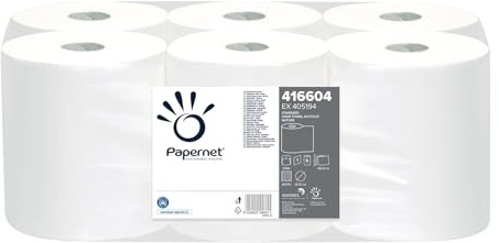 Papernet, 6 Rollen Papierhandtuchrolle, 1-lagig | (416604), 6 Autocut Rollen je 185 m, Blattanzahl von 20x18,5 cm, Recycling Papier, Weiß, Made in Germany