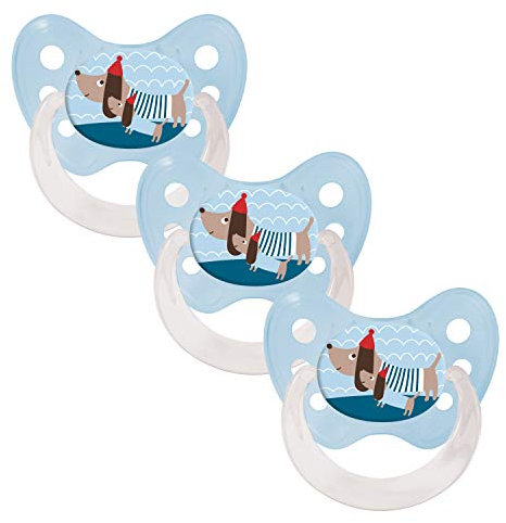 dentistar Silikon Schnuller 3er-Set - Größe 1 Schnuller 0-6 Monate - Zahn- & kieferfreundlicher Nuckel mit Dental-Stufe – BPA-frei – Made in Germany - Dackel, Blau