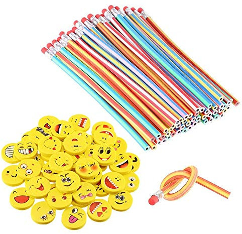 LATERN 80pcs Biegebleistift Kinder und Emoji Smiley Radiergummis, Biegbare Bleistifte,Flexible Biegsame Bleistifte für Kinder,Party und Kleiner Geschenke