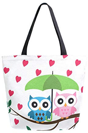 Mnsruu Wiederverwendbare Einkaufstasche für Damen, Motiv: Eulen, grüner Regenschirm, Herz, große Handtasche, Schultertasche für Einkaufen, Einkäufe, Reisen im Freien