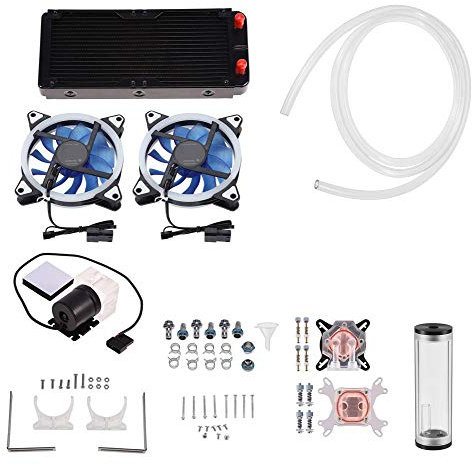 DIY Wasserkühlung Kit, 240mm Wasserkühler Radiator G1/4 CPU GPU Wasserblock mit Dual LED Lüfter, 600L/H Pumpe, Schlauch, Werkzeuge Set, PC Wasserkühlkörper für Intek AMD Universal Backplated