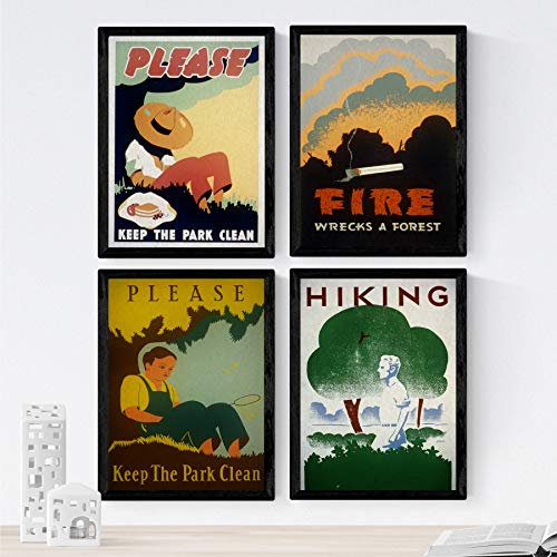 Nacnic Poster Jahrgang. Alte Plakate mit Anzeigen. Vier Vintage-Poster Brandschutz. A4-Format