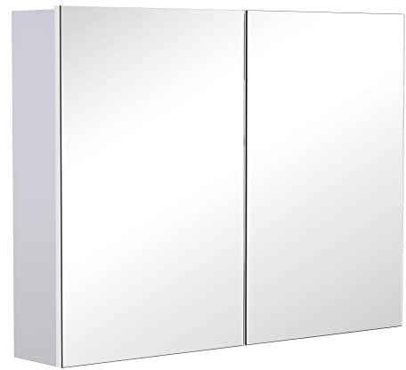 HOMCOM Double Door Wall Mounted Glass Mirror Cabinet Modern Storage Unit Bathroom Shelf Organiser Waterproof Wooden Frame 80W x 15D x 60H cm