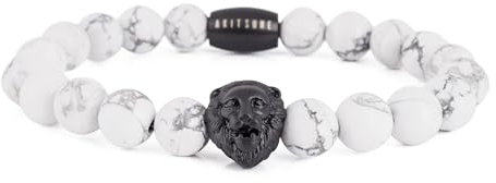 Akitsune Regis Perlenarmband - Armschmuck Damen Herren Beads Löwe - Mattschwarz - Türkis Weiß - 18cm