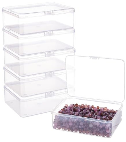 BENECREAT 6 Pack Rectangle Plastic Bead Storage Containers Box 14.4x10.8x4.7cm Clear Box Case with Flip-Up Lids for Sewing Tools, Spices, Pencil, Tiny Bead, Jewelry Findings and Cards