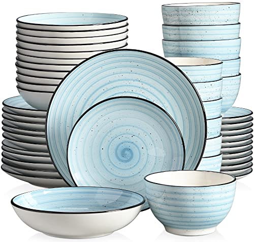 vancasso serie Bonbon 48 piezas,Juego de Vajilla Gres para 12 Personas Completa con 12 Cuencos de Cereales, 12 Platos Hondos, 12 Platos de Postre y 12 Platos Cena, Azul