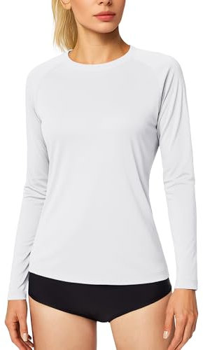 MAGCOMSEN Sportshirt Damen UV Tshirt Wasser Langarmshirt Laufshirt Atmungsaktiv Leicht Rash Guard Badeshirt Weiß S