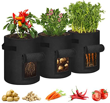 LZQ Pflanzsack 27L Kartoffelsack Pflanztasche mit Filzstoff, Velcro Fenster, Griffen, Zum Anbau von Kartoffel, Tomaten, Zwiebeln, Gemüse, Blumen, Pflanzen(Schwarz, 7 Gallonen, 3 Stück)