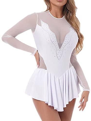 iEFiEL Damen Langarm Ballettkleid Eiskunstlauf Kleid mit Glitzer Kristallen Ballettkleidung Gymnastik Leotard Turnanzug Tanzkostüm Wg Weiß L