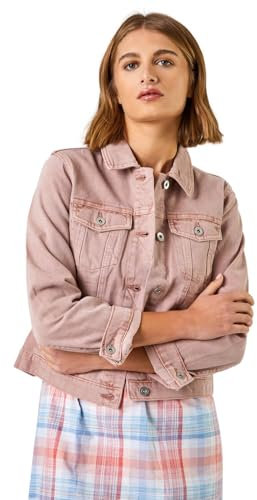Roman Originals Jean Denim Jacket for Women UK - Ladies 100% Cotton Summer Casual Stretch Crop Smart Utility Trucker Biker Fitted Vintage Wash Faded Classic Jeans Work - Rose - Size 16