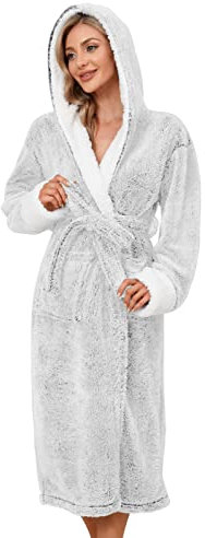 UMIPUBO Accappatoio Donna Vestaglia Donna Invernale Pile Morbido Accappatoio con Cappuccio Pyjama Kimono Camice da Notte con 2 tasche, Morbido Loungewear Vestaglia da Camera (Grigio, XL)