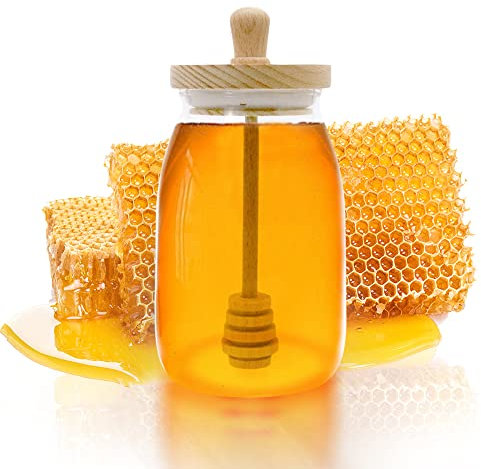 TOFOAN Honey Jar with Dipper and Lid Cover Crystal Beehive Glass Honey Pot for Home Kitchen, Clear Gorgeous Bee Decor, 17 Oz