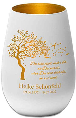 Trauerlicht - Du bist Nicht mehr da, wo Du warst, Aber Du bist überall, wo wir sind - Weiß/Gold - Gravur Namen und Datum - Gedenklicht Erinnerungslicht Grablicht Trauergeschenk