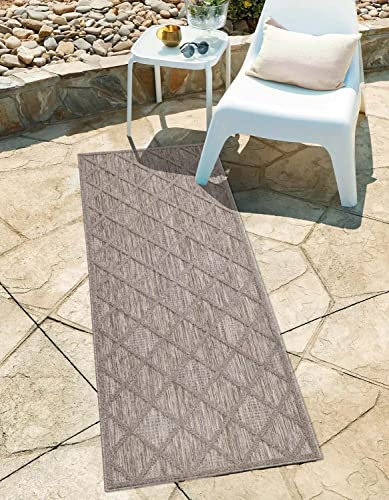 carpet city In-& Outdoor Teppich - Läufer 80x250 cm - für Innen-& Außenbereich - Wetterfest Balkon-Teppich, Terrasse, Flur, Küche - Wohnzimmer-Teppiche - Hochtief/ 3D-Effekt - Raute-Optik in Braun