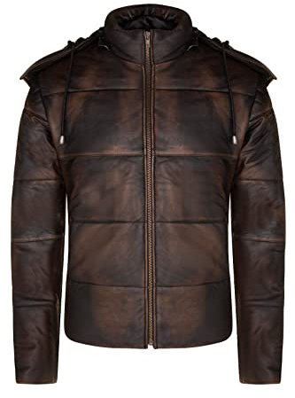 Men's Puffer Jacket Quilted Hooded Leather Bomber Jacket S