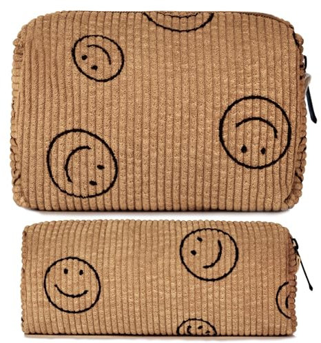 Aucuu Kordsamt-Kosmetiktasche mit Lächeln-Gesicht, Mäppchen Make Up Schminktasche, Travel Cosmetic Organizer, Groß Kapazität Kosmetiktasche Damen - Braun (1 Groß + 1 Klein)