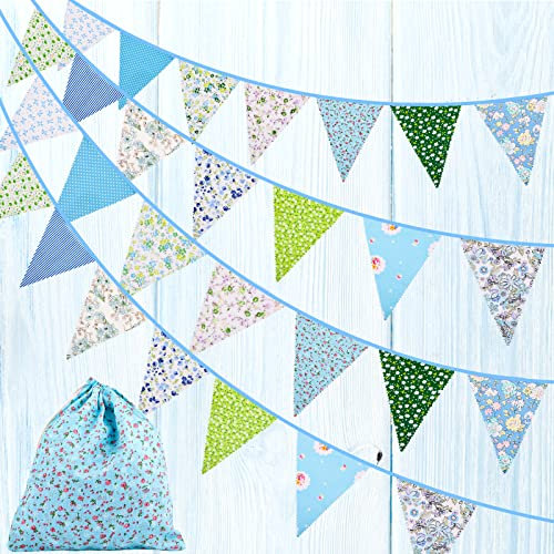 FUNVCE Wimpelkette Stoff Girlande, 12M 42pcs Wimpelkette Outdoor Vintage Wimpel Girlande für Mädchen Babyparty und Kinderzimmer Deko Hochzeits Geburtstag Party (Blue-Green)