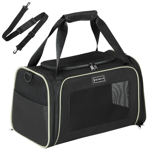 Petsfit Transportbox Katze kleine Hunde leicht Hundetasche Flugzeug für kleine Hunde Katzen Transporttasche Hundetragetasche,Tragetasche Hund Flugtasche mit Schutzgurt & erweiterbare Matte, S/Schwarz