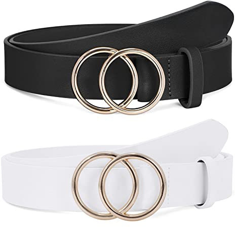 SUOSDEY 2 Pack Ledergürtel weiches Leder Damen Gürtel mit runder Schnalle zwei Ringen, Jeansgürtel für Frauen,Schwarz Weiß
