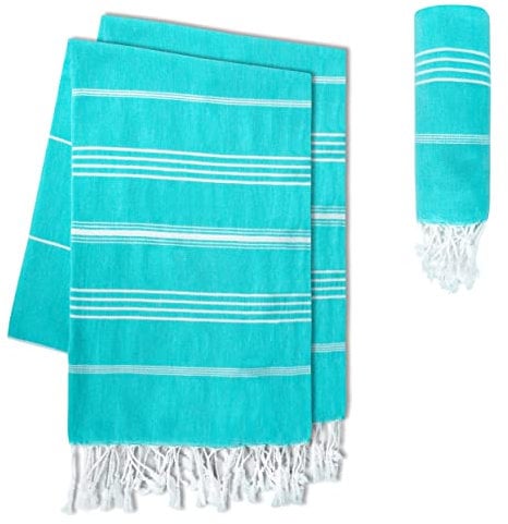 LAYNENBURG 2er-Set Premium Hamamtuch mit handgeknüpften Fransen - 100% Baumwolle - XXL Strandtuch 100x200 cm - Oeko-TEX 100 - Strandhandtuch groß - Saunatuch & Reisehandtuch (Aqua)