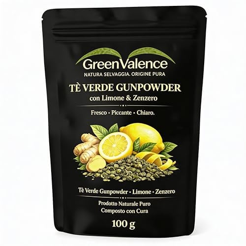 GreenValence Tè Verde Gunpowder con Limone e Zenzero - Miscela Aromatica di Tè Verde | Fresco e Speziato | Naturale Senza Additivi | Tè Premium per Caldo, Freddo ed Eistea (100 g)
