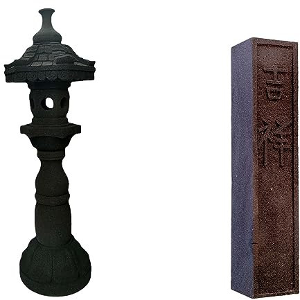 IDYL 2er Set | Lavastein Stein Laterne Kaiserpagoda 145cm + Stein-Säule aus Lavastein | Block mit Schriftzug Alles Gute | Frostfest | Höhe 100 cm | Asiatische Dekoration für Garten - Teich