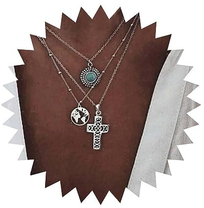 Inilbran Boho Mehrschichtige Türkis Kreuz Choker Halskette Vintage Weltkarte Anhänger Halskette Silber Filigran Kreuz Halskette Mehrschichtige Kugelkette Halskette Schmuck Für Frauen Und Mädchen