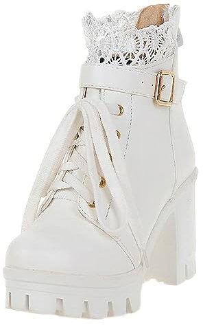 rismart Botín Mujer Bota de Tobillo Cremallera Correa con Hebilla Moda Zapatos de Plataforma Blanco,37