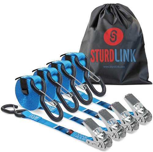 Sangles a Cliquet 5m 25mm avec Crochets S à Linguet 800daN en U Lot de 4 + Sac | Idéales sur Anneau de Fixation: Remorque, Utilitaire, Coffre Auto, Camion, Transport Motocross, Quad | Sturdlink®