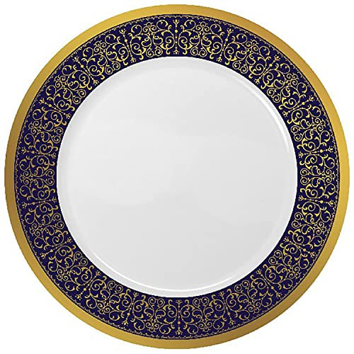 Decorline - Set di stoviglie riutilizzabili per 16 persone, 32 pezzi, collezione Majestic, blu reale, oro, servizio da tavola durevole, 16 ospiti