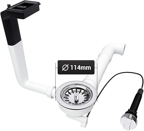 Aquade Siebkorbventil 114mm - Siebkorb Spüle - Siphon Spüle - Sifon Spüle Set Für Küche - Spülbecken Abfluss - Modell: Raumschaffer + Überlauf Spüle Rund + Bowdenzug