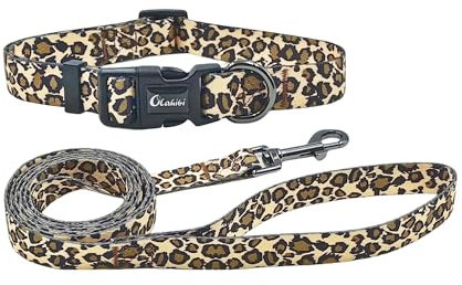 Olahibi Hundehalsband-Leinen-Set, Leopardenmuster, Polyester-Material, verstellbares Halsband und 1,5 m passende Leine, für kleine Hunde (Größe S, brauner Leopard)