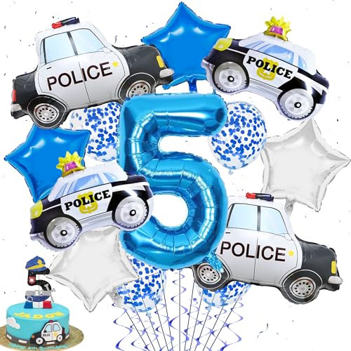 Polizei Geburtstag Deko 5 Jahre - 16 Stück Luftballon XXL Polizeiauto Folienballon Konfetti Ballon Sternballon und Tortendeko, Party Dekoration Kindergeburtstag für Jungen Mädchen