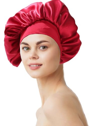 1 Stück Schlafmütze Satin Bonnet seidenhaube zum schlafen Nacht Schlaf Mütze Verstellbare Schlafkappe Kopfbedeckung Weiche Kopfhaube Schlafhaube Seide mit Gummizug für Damen und Mädchen(Weinrot)