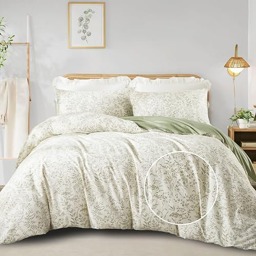 Freyamy Wendbar Blumen Bettwäsche 135x200cm 4teilig Beige Grün Pflanzen Blätter Floral Bettwaren-Sets 100% Microfaser Mädchen Bettbezug 2 Bettdeckenbezüge mit Reißverschluss und 2 Kissenbezug 80x80cm